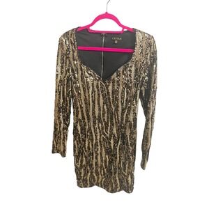 Gold Black Sequin Bodycon Mini Dress M Vtg Party Cocktail Hoco Holiday NYE